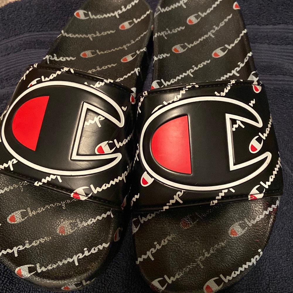 CHAMPION Men's Black IPO Slides Repeat Warped Logos Sandals size US 8